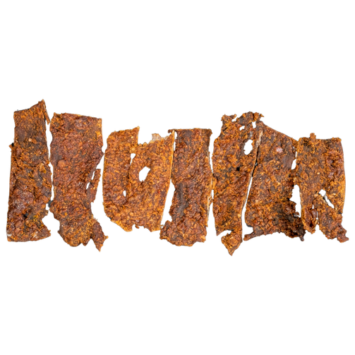 Close-up of strips of MobKilishi's Classic Beef Kilishi, showcasing the sun-dried, spicy Nigerian beef jerky in a 60g serving.