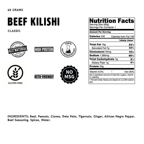 Nutritional Information of MobKilishi's Classic Beef Kilishi pack, showcasing the sun-dried, spicy Nigerian beef jerky in a 60g serving.