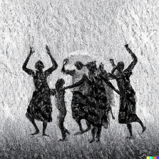 A black and white illustration of a group of happy people dancing in the rain in Northern Nigeria.png