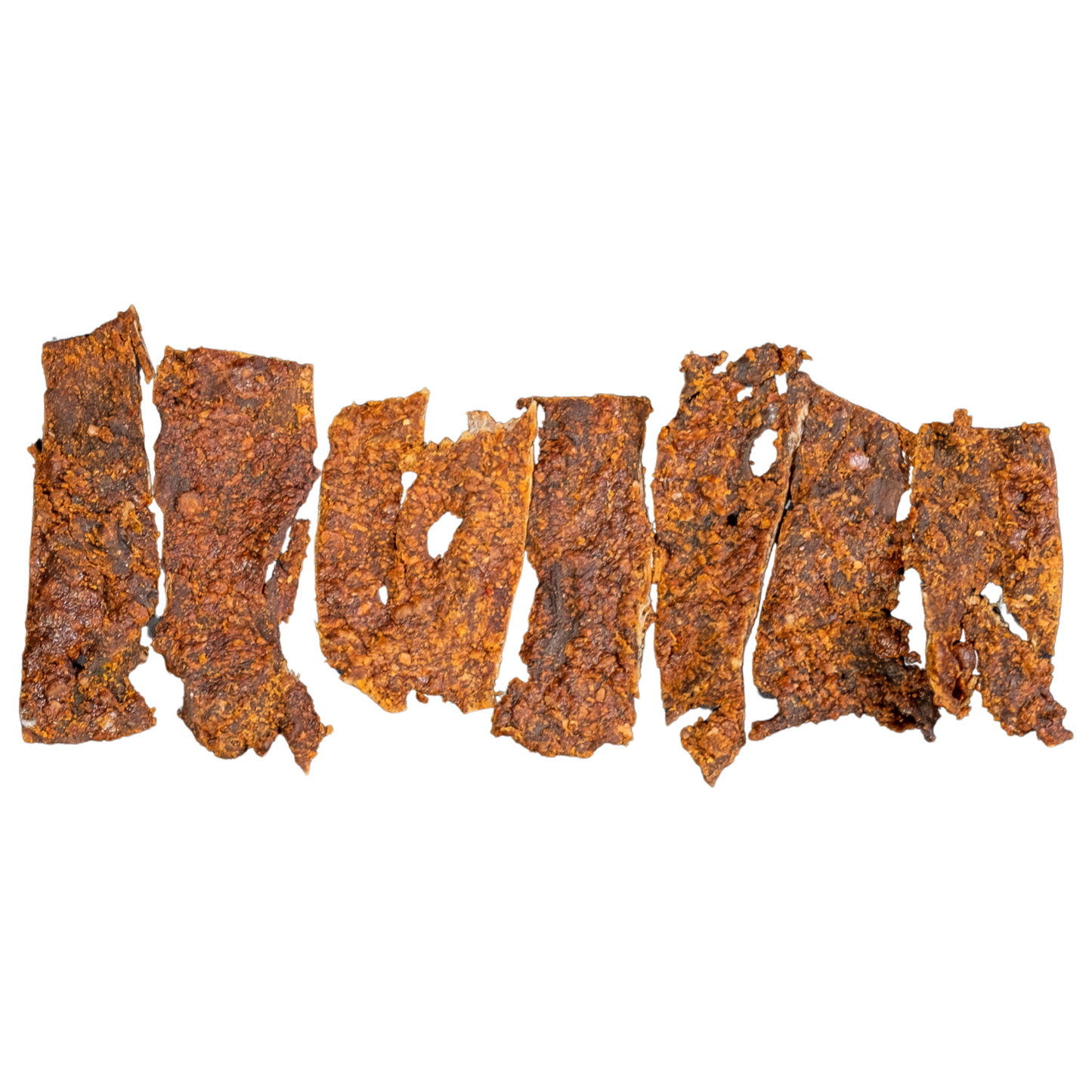 Close-up of strips of MobKilishi's Classic Beef Kilishi, showcasing the sun-dried, spicy Nigerian beef jerky in a 60g serving.